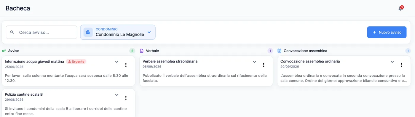 Bacheca di CondoWeb con colonne per avvisi, verbali e convocazioni di assemblea, e un avviso urgente di interruzione dell'acqua